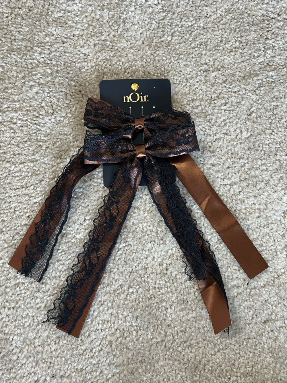 nOir Jewelry Black Lace & Brown Satin Ribbon Hair Bow Clip
